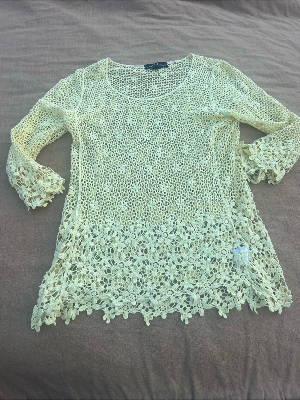 Midnight Velvet Y2K Yellow Cotton Crochet Lace Scoop Neck Top Boho Coastal